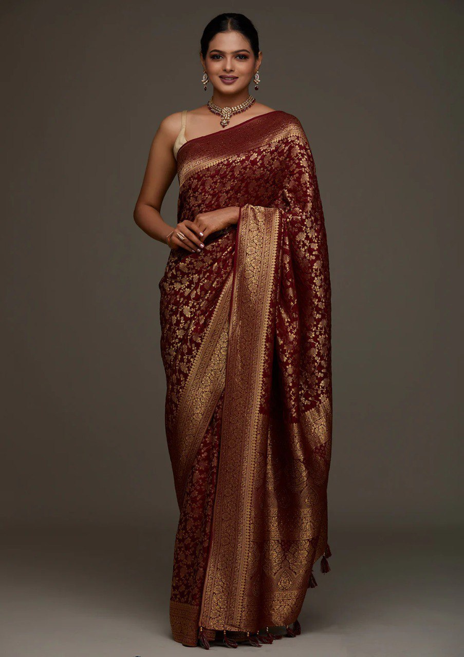 Banarasi Maroon Soft Silk Saree with Jacquard Border Blouse