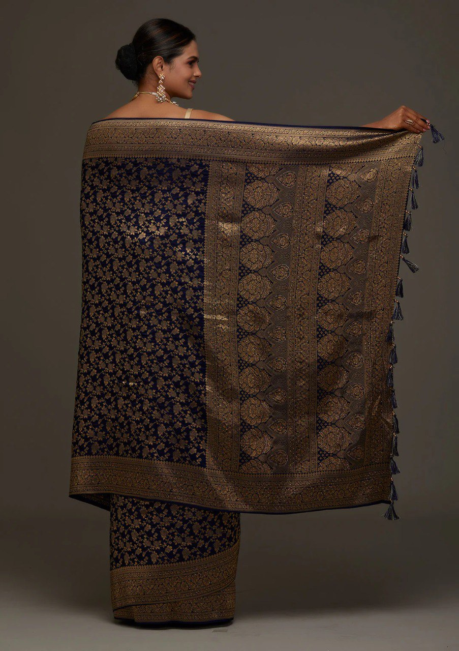 Banarasi Navy Blue Soft Silk Saree with Jacquard Border Blouse
