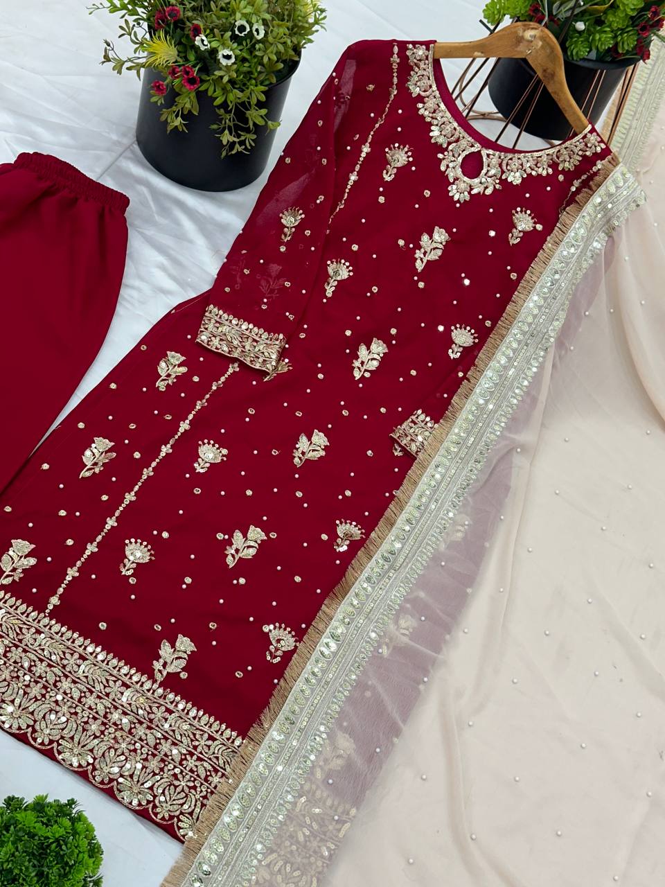 Red Faux Georgette 5mm Embroidery Sequence Work Top, Pant & Dupatta Set