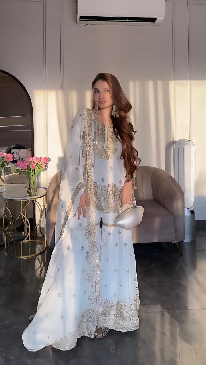 Chinnon Silk Embroidered White Sharara Suit with Dupatta