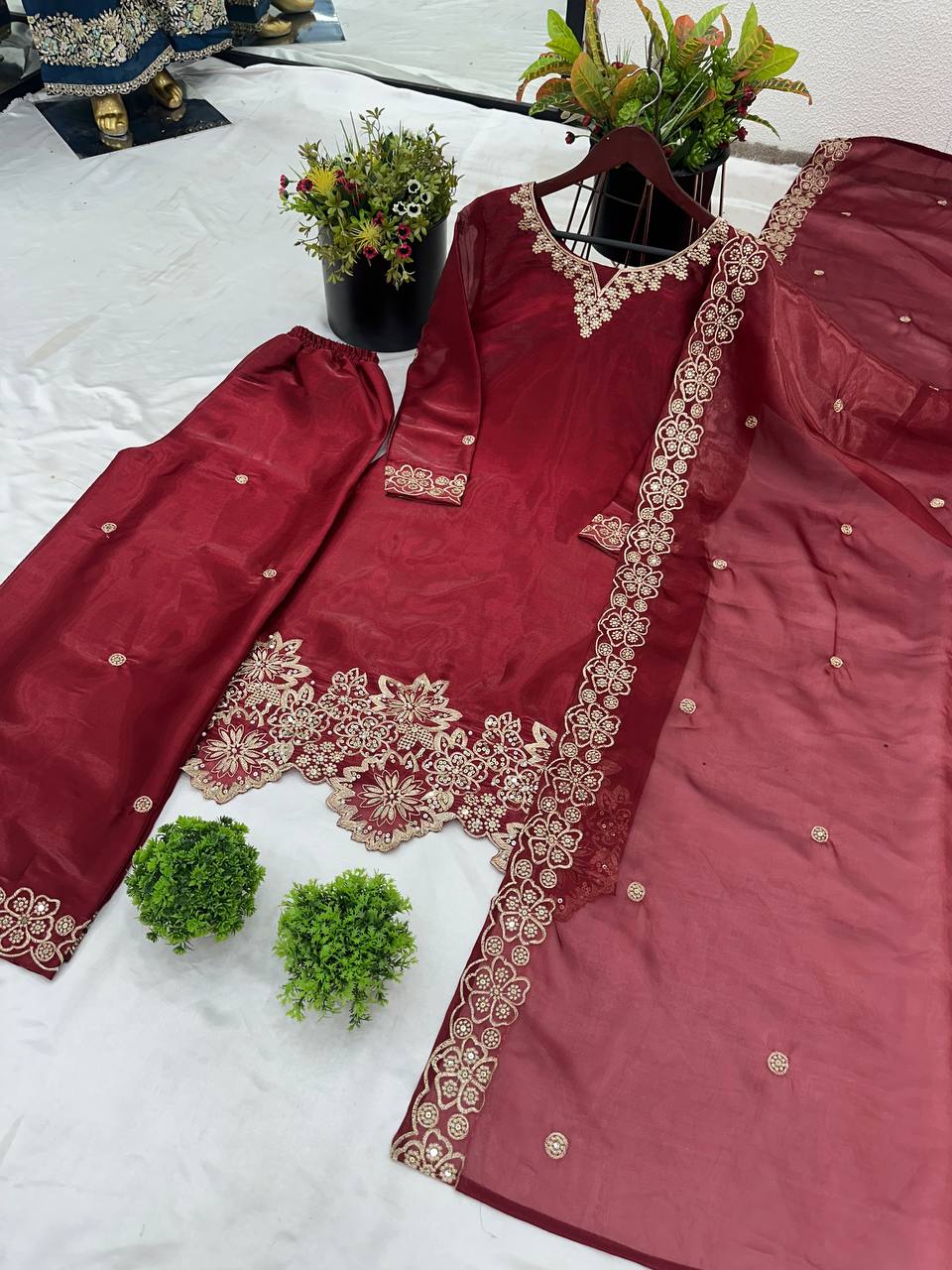 Maroon Jimmy Choo Silk Embroidered Suit with Dupatta