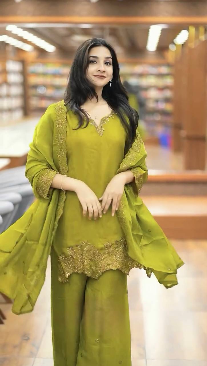 Green Jimmy Choo Silk Embroidered Suit with Dupatta