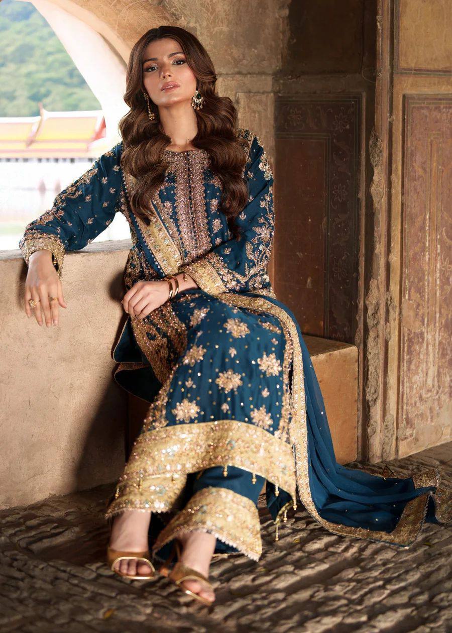 Heavy Bottle Green Georgette Embroidered Suit with Moti Work