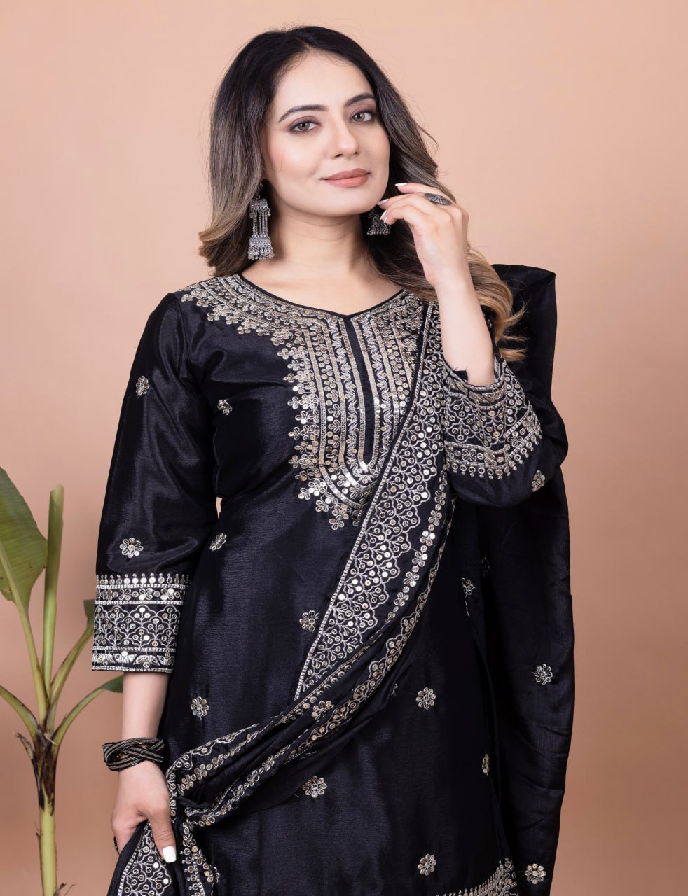 Black Chinon Sharara Suit with Heavy Embroidery Work