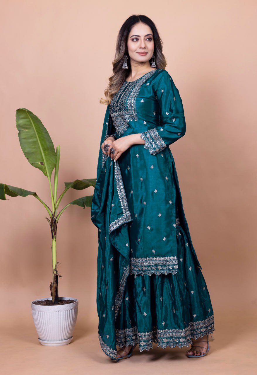 Firozi Blue Chinon Sharara Suit with Heavy Sequence Embroidery