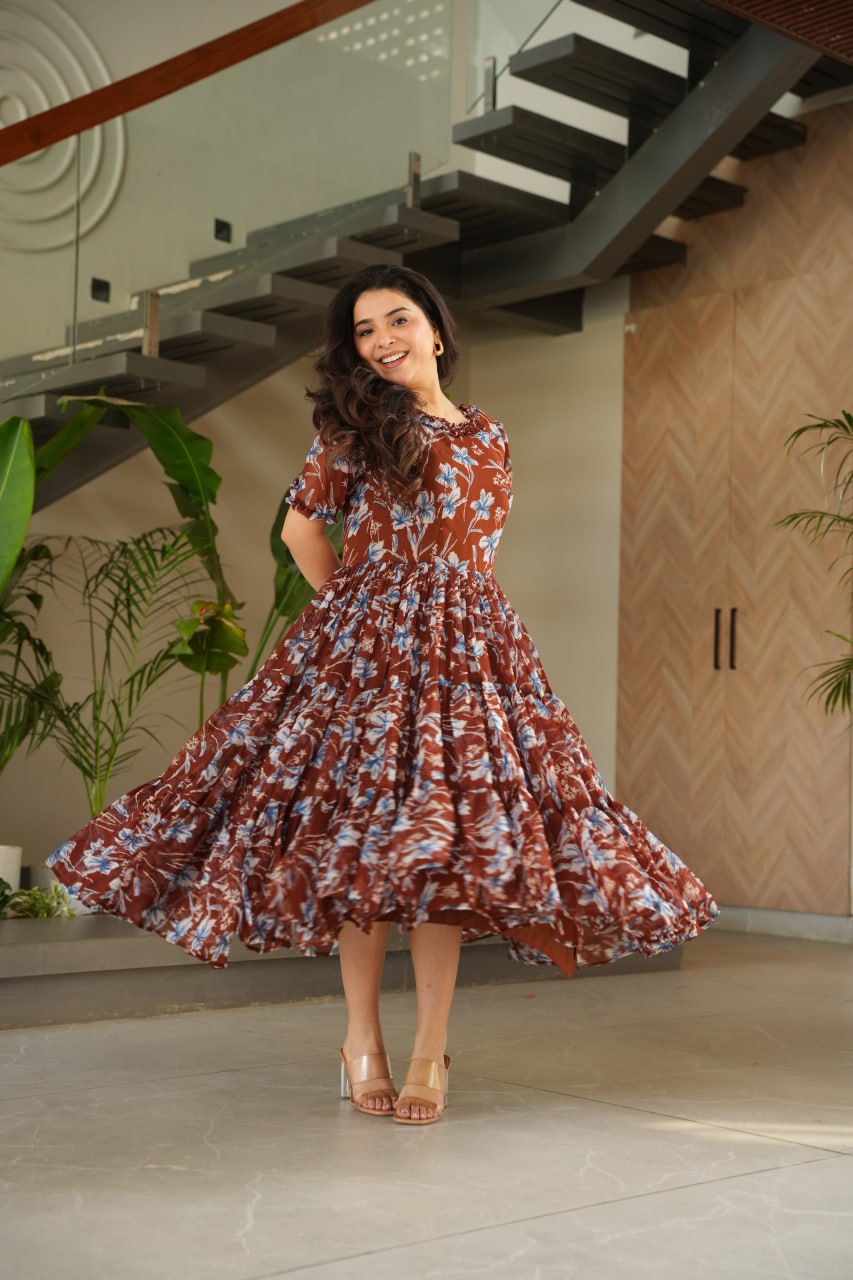 Brown Printed Faux Georgette Gown with Cotton Lining & Fancy Neck