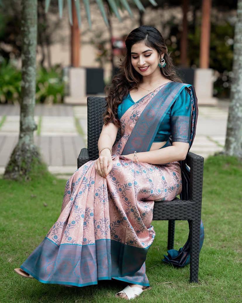Soft Lichi Silk Peach Saree with Rich Pallu & All-Over Jacquard Work
