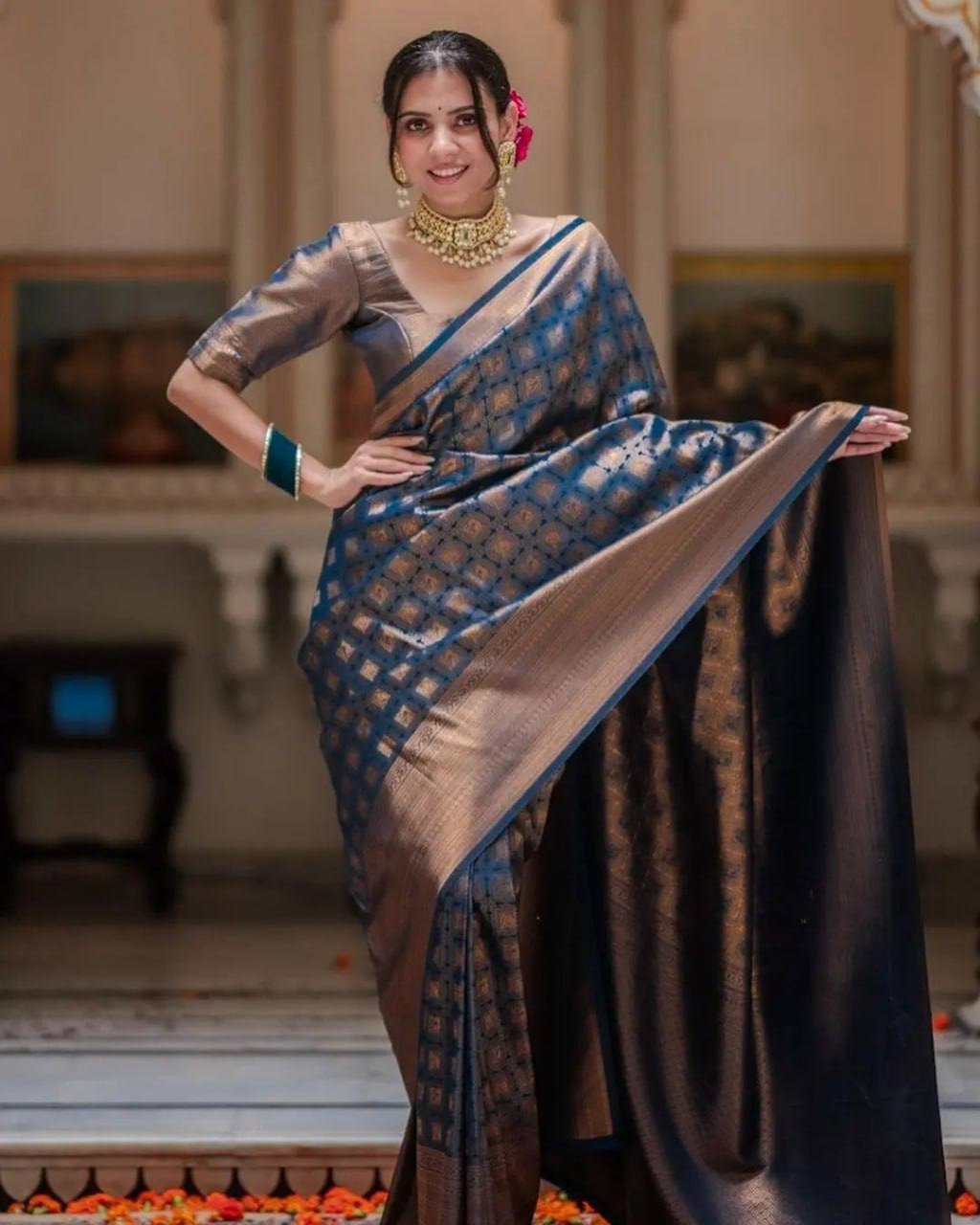 Soft Lichi Silk Blue Saree with Rich Pallu & Heavy Brocade Jacquard Blouse