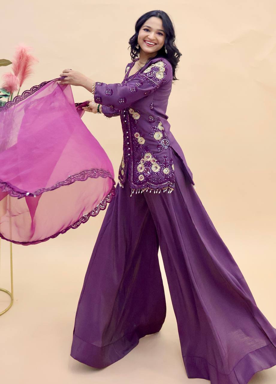 Purple Simar Silk Suit with Sequins Embroidery and Organza Dupatta