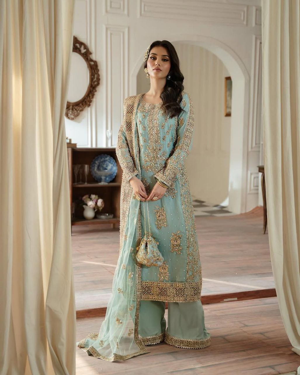 Heavy Fox Georgette Light Blue Sharara Suit with Codding Sequence Embroidery