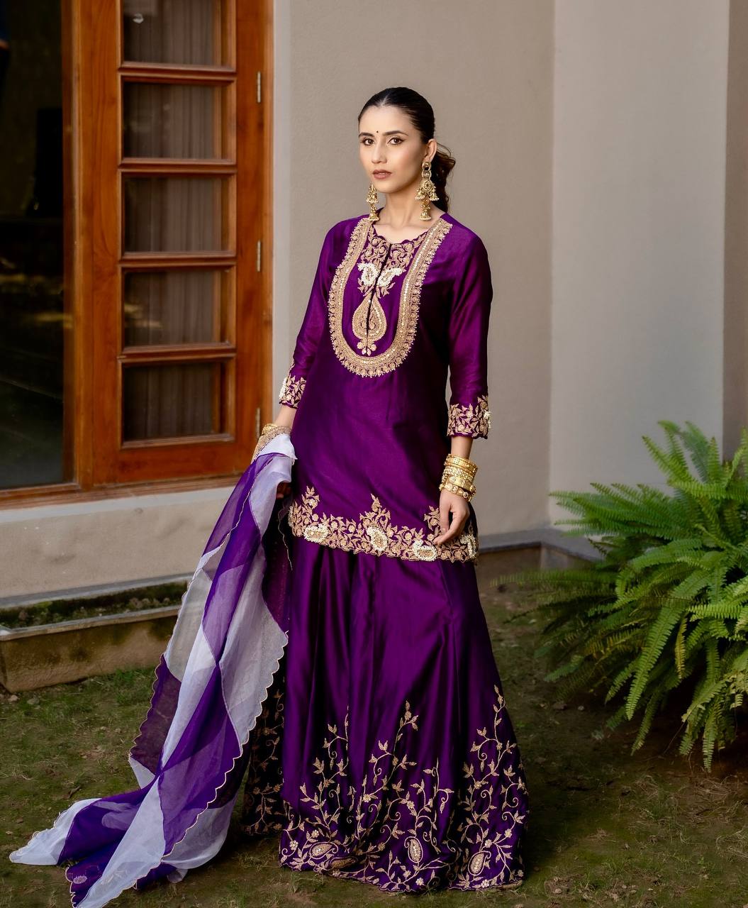 Heavy Purple Chinon Silk Sharara Suit with Embroidery and Printed Organza Dupatta