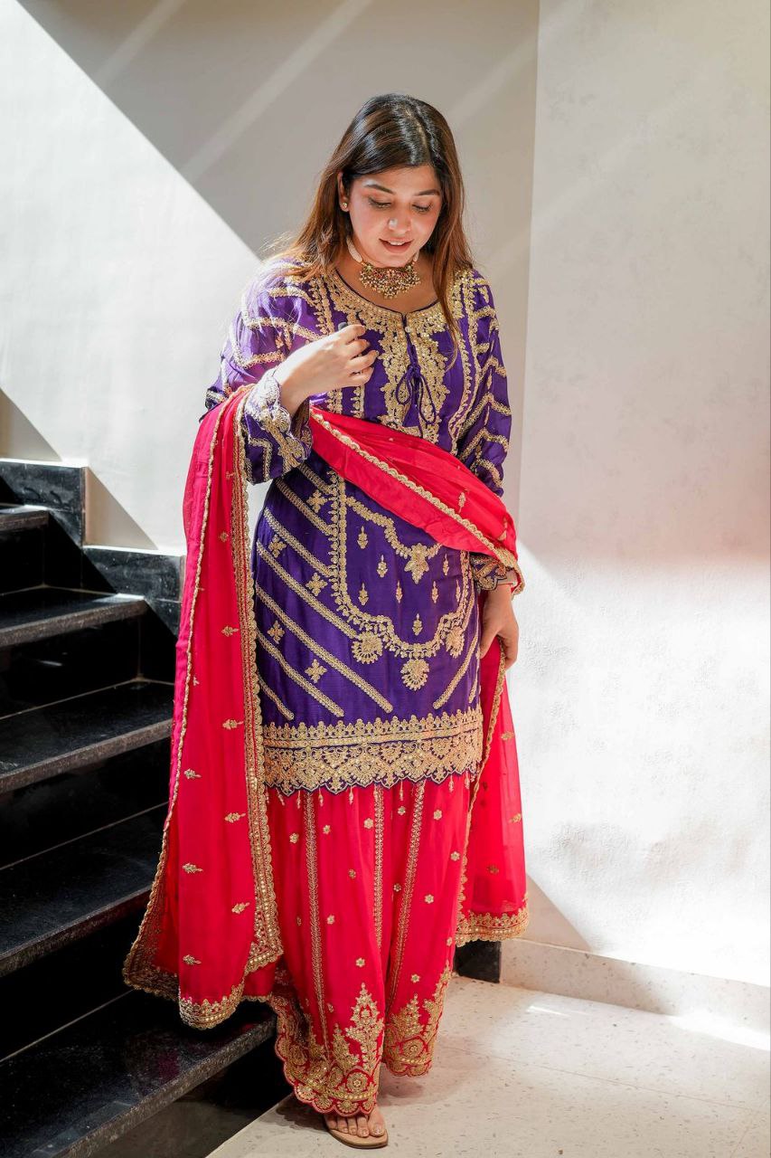 Heavy Purple Chinon Silk Sharara Suit with Embroidery and Printed Dupatta