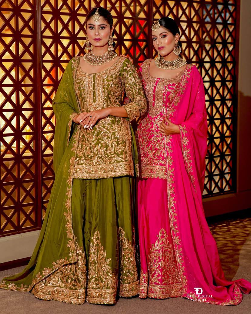 Elegant Heavy Rani Pink Chinon Silk Sharara Suit with Embroidery & Printed Dupatta