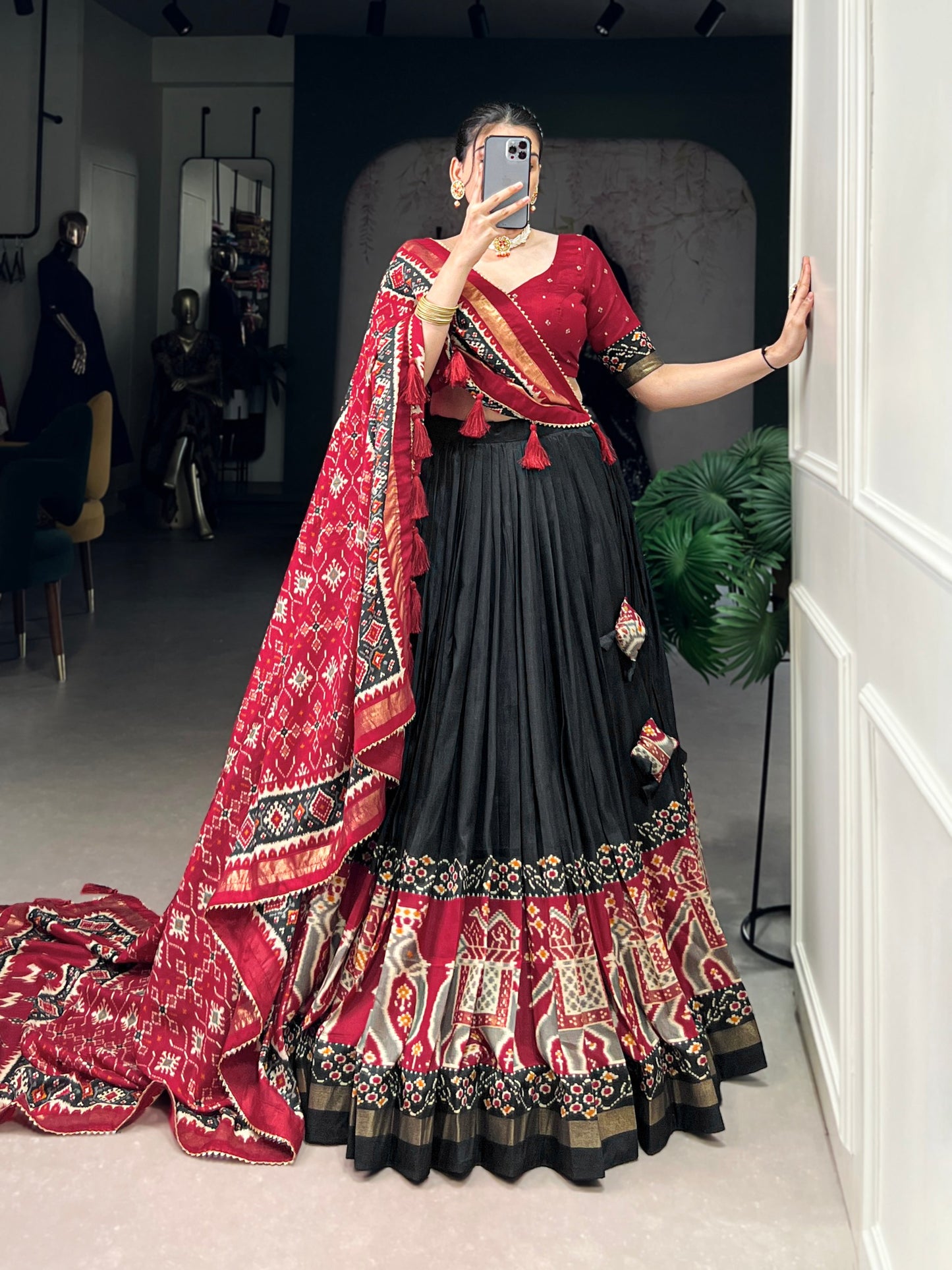 Patola Printed Black Tussar Silk Lehenga Set with Gotta Patti Dupatta