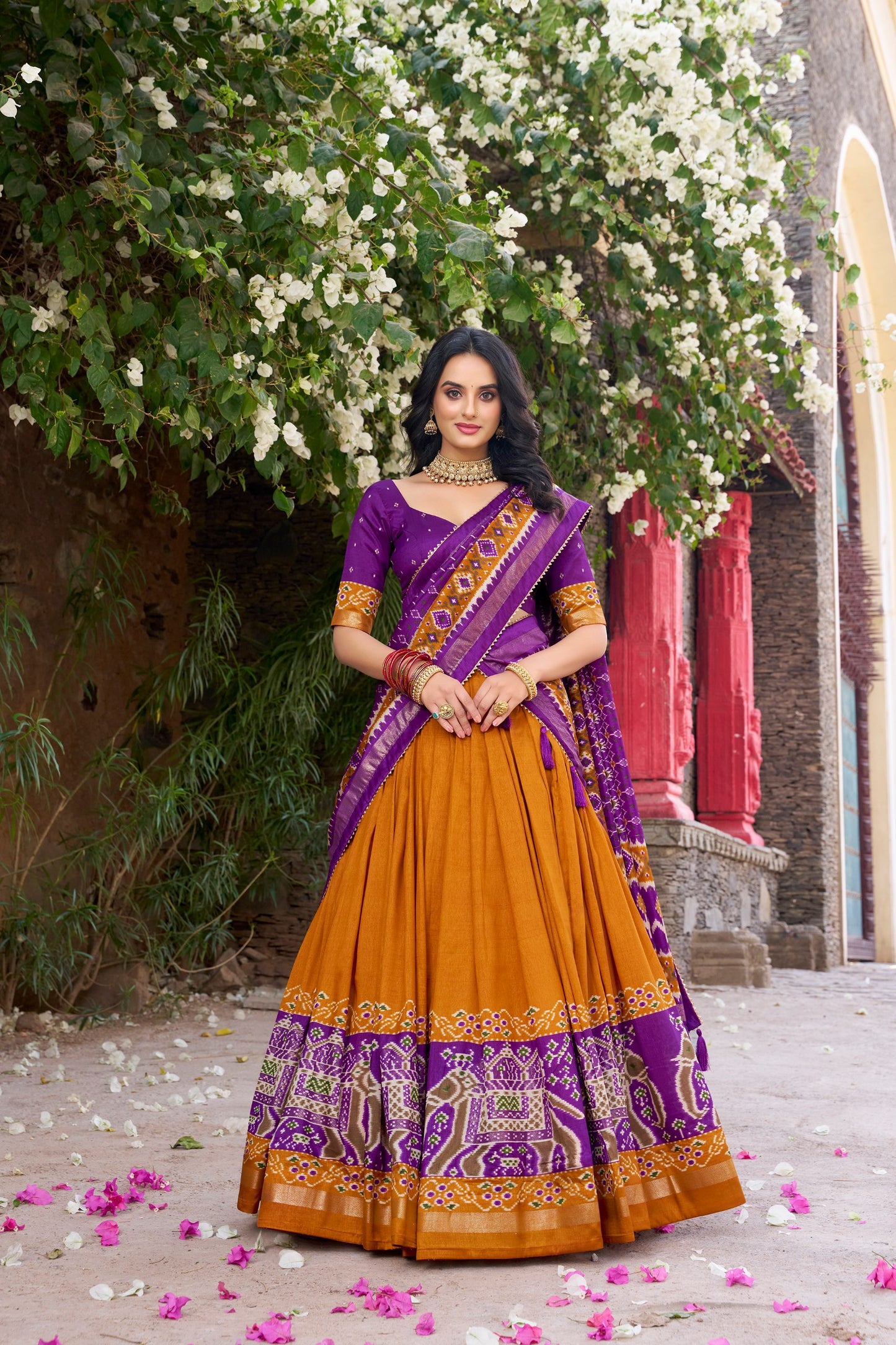 Patola Printed Mustard Yellow Tussar Silk Lehenga Set with Gotta Patti Dupatta