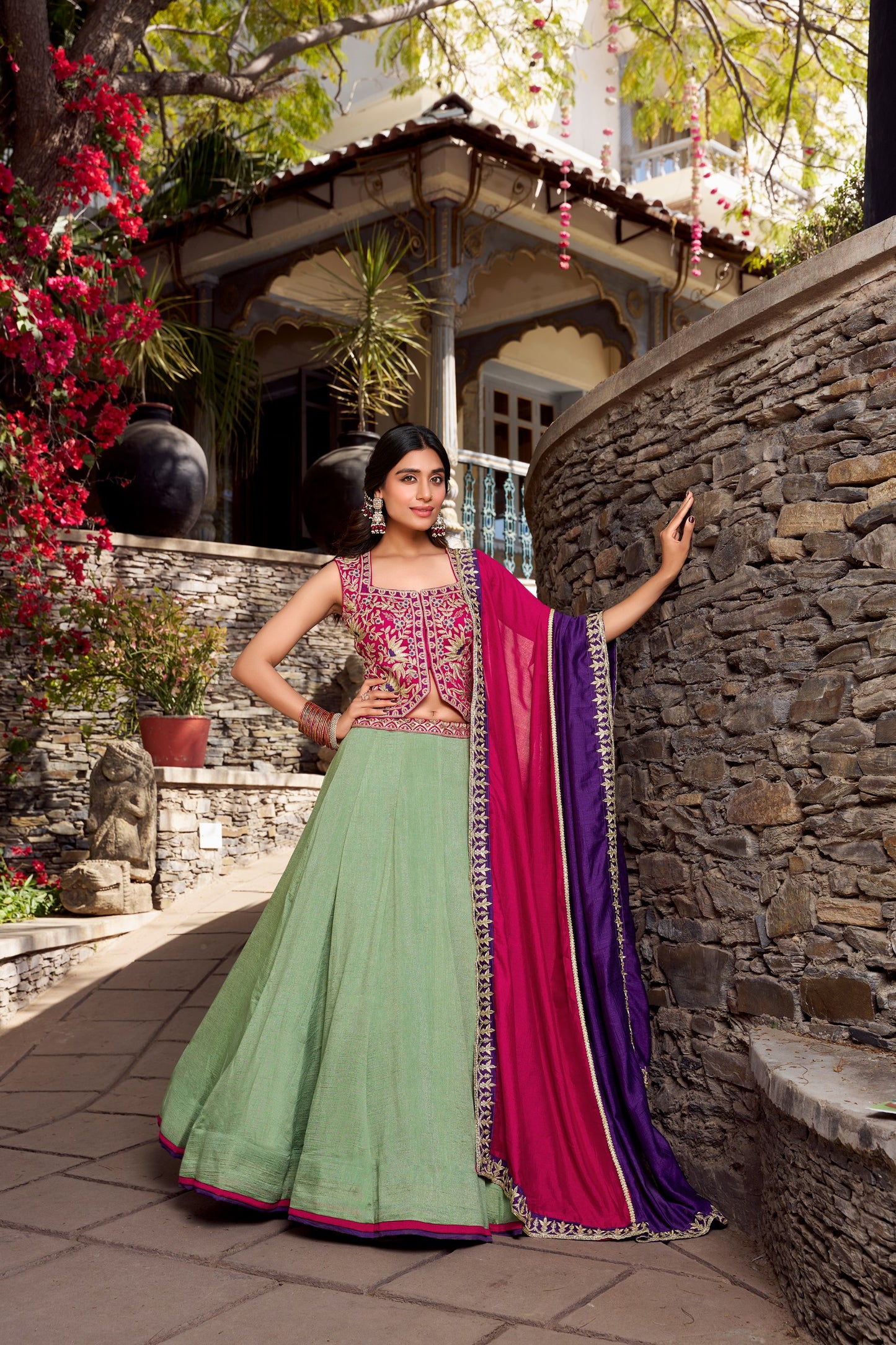 Vichitra Silk Lehenga Set with Embroidered Belt and Dupatta