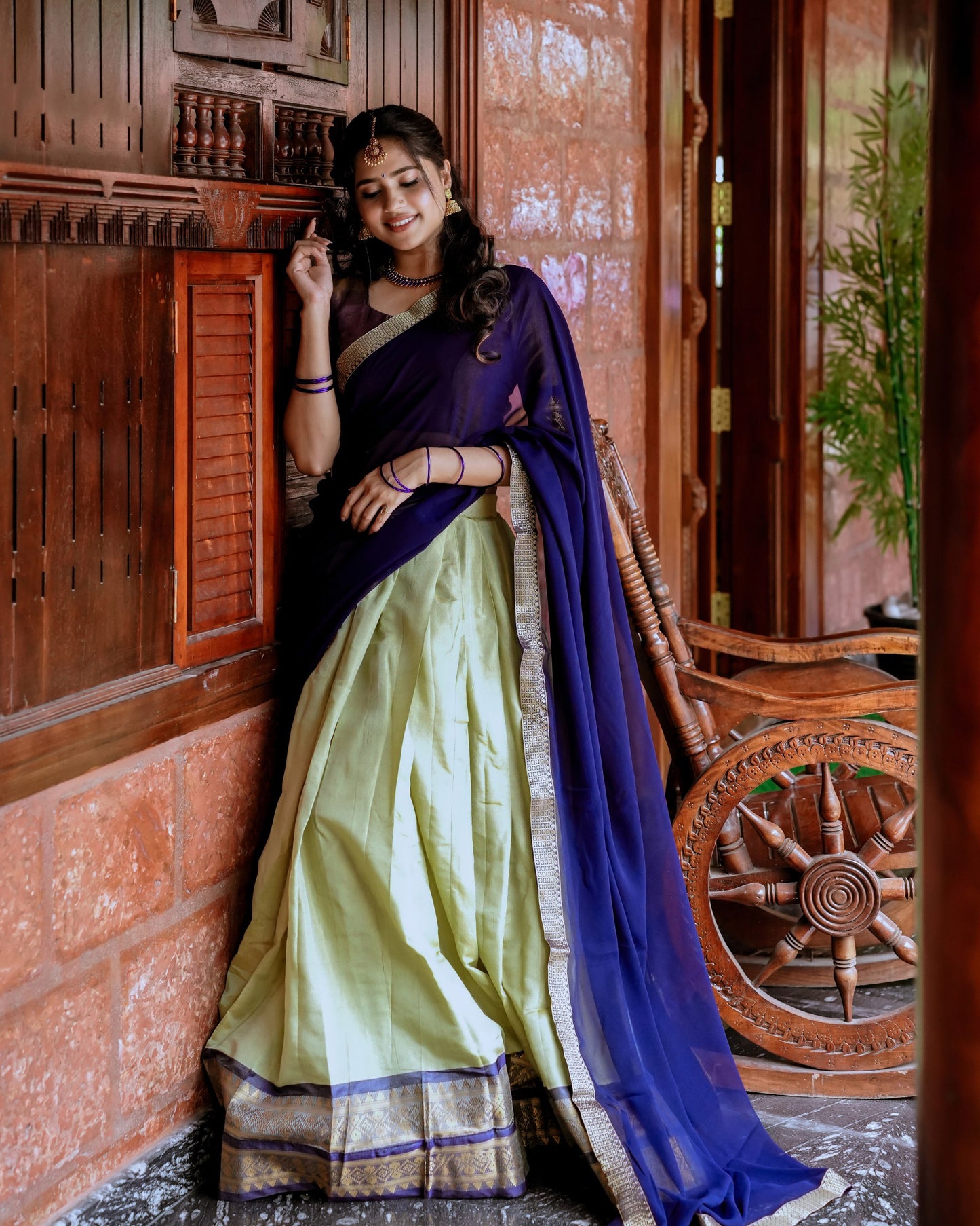Kanchipuram Zari Weaving Lehenga Set with Georgette Lace Border Dupatta