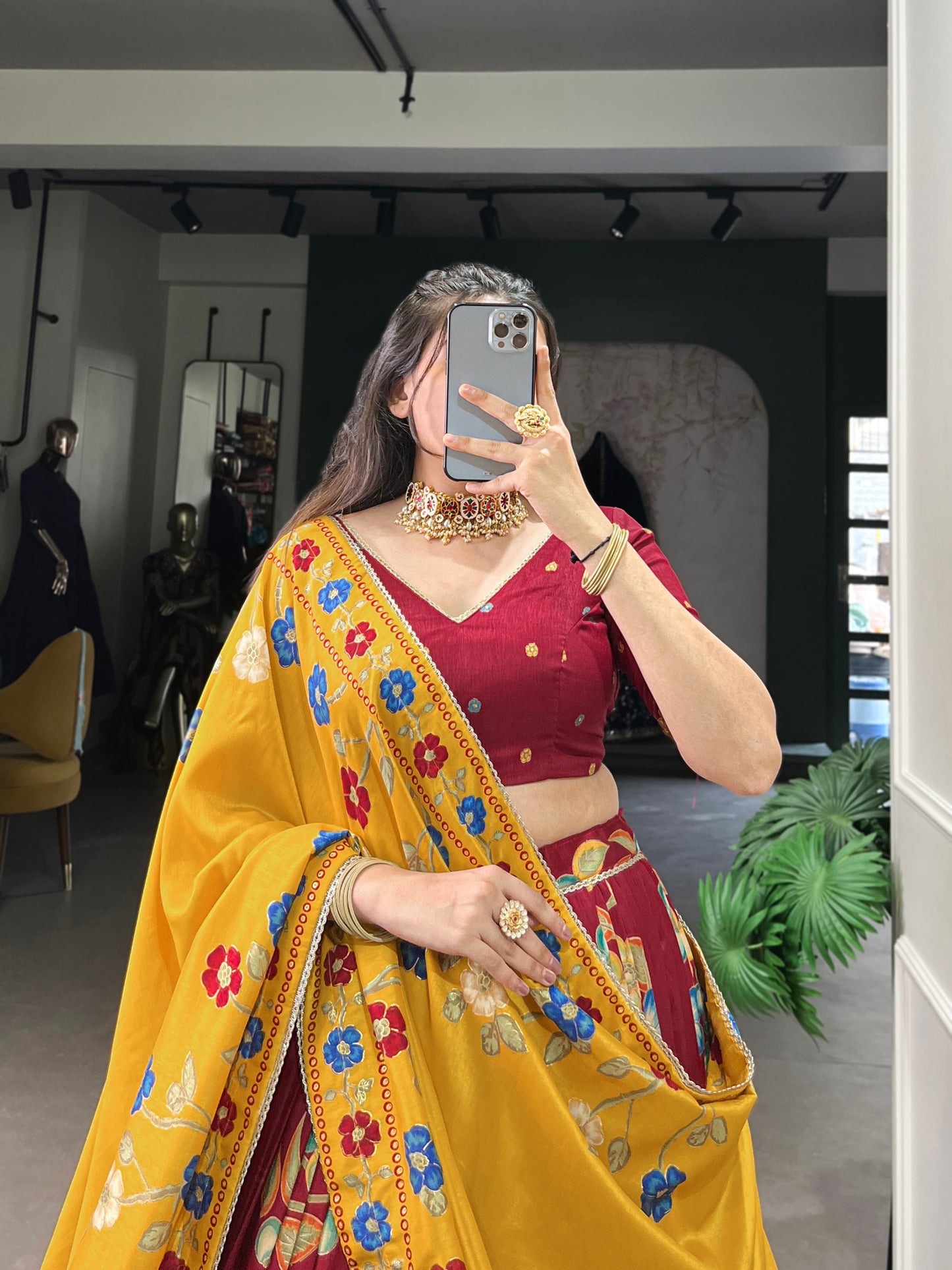 Maroon Tussar Silk Printed Lehenga Set with Foil Work and Gotta Patti Dupatta