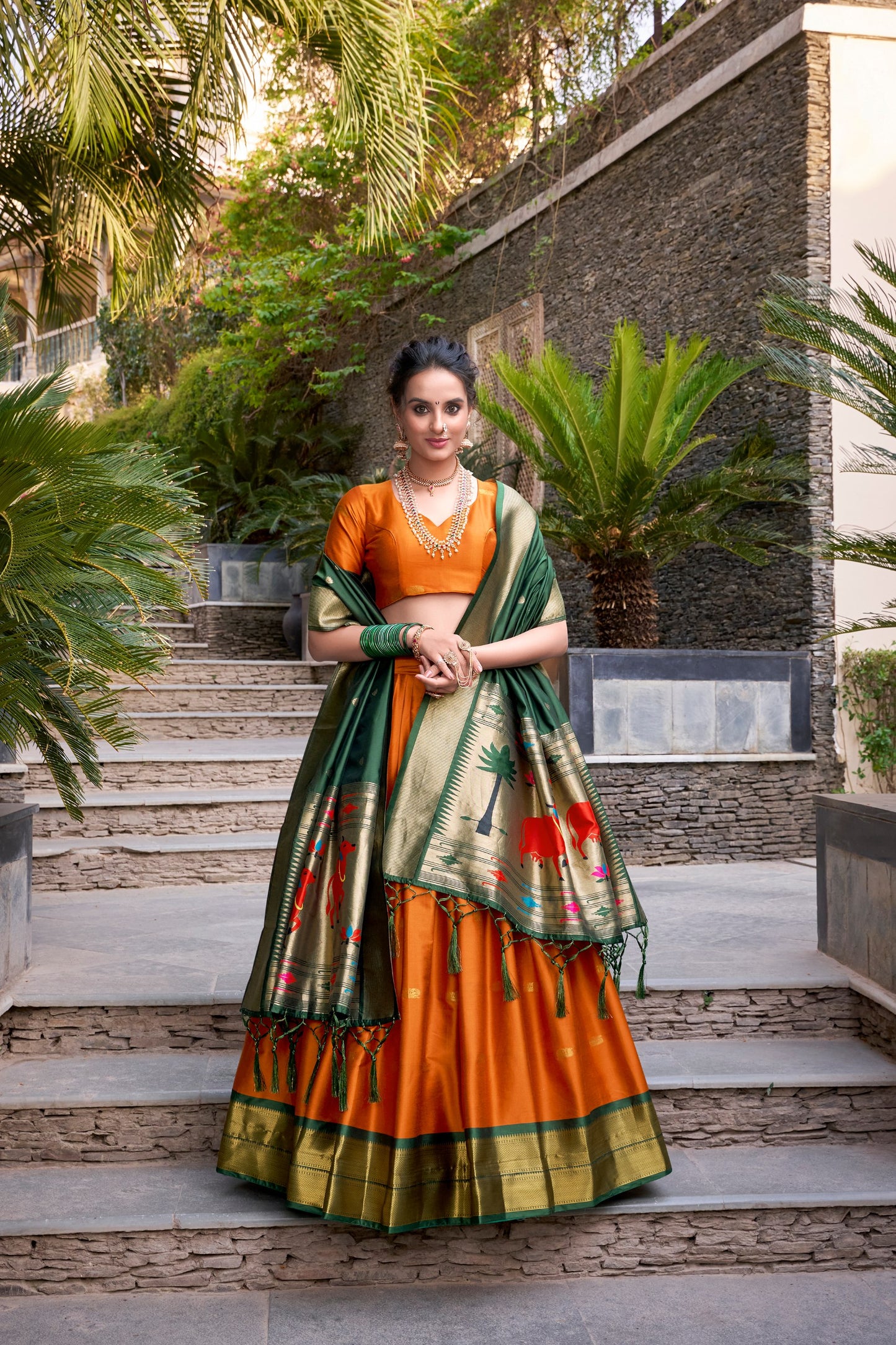 Orange Jacquard Silk Paithani Lehenga Set with Zari Weaving and Tassel Dupatta