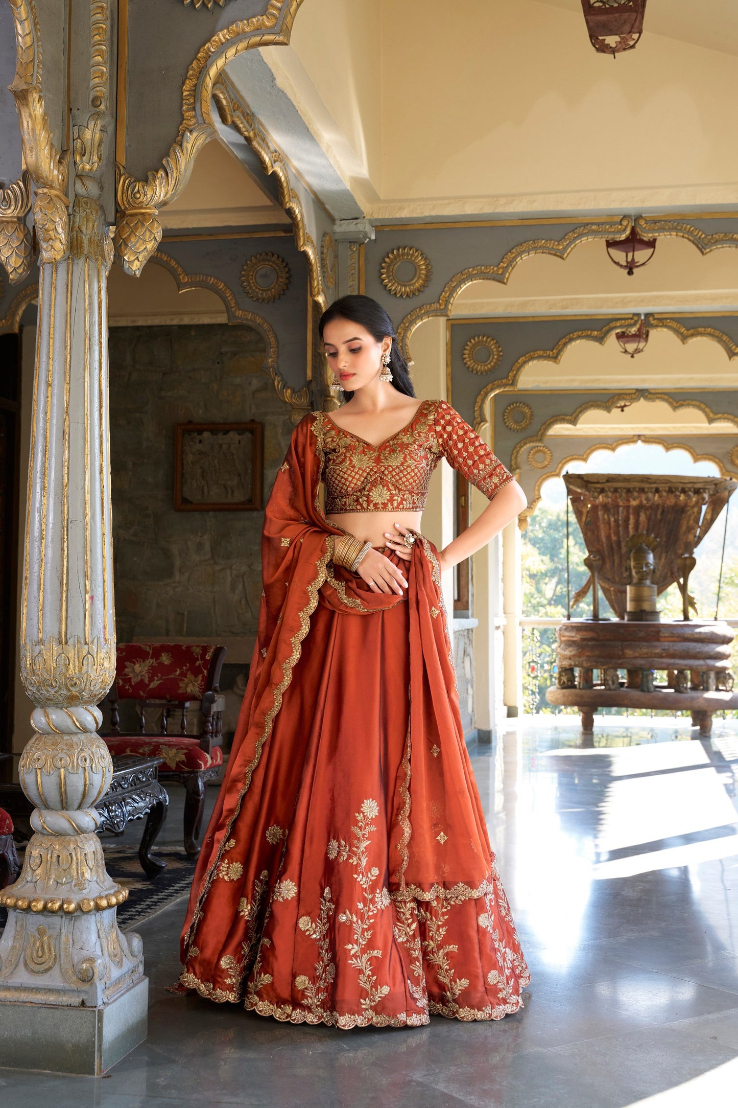 Red Rangoli Silk Lehenga Set with Sequins & Thread Embroidery