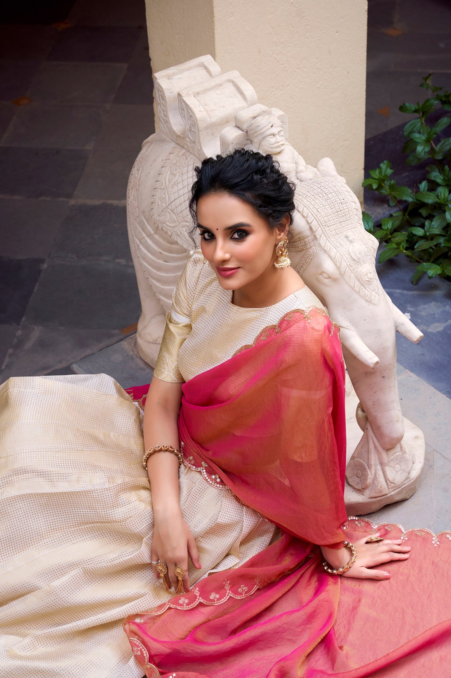 Jacquard Chex Lehenga Set with Zari Weaving and Embroidered Zari Shimmer Dupatta