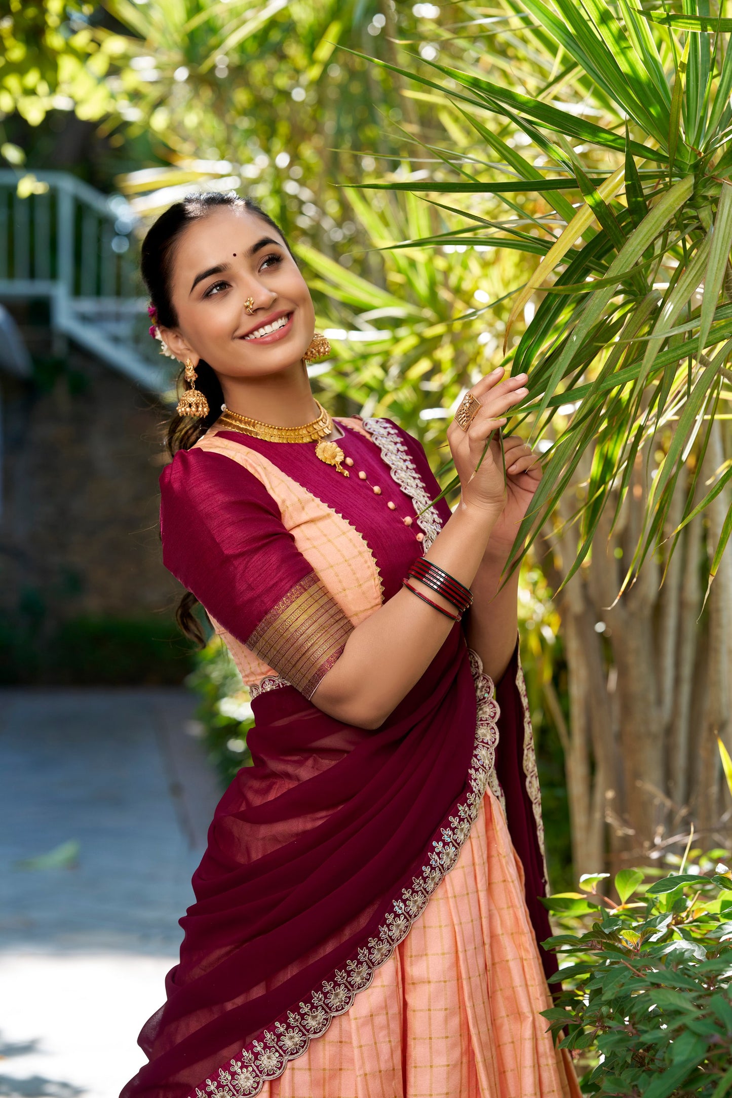 Zari Chex Peach Lehenga Set with Stitched Blouse and Embroidered Georgette Dupatta
