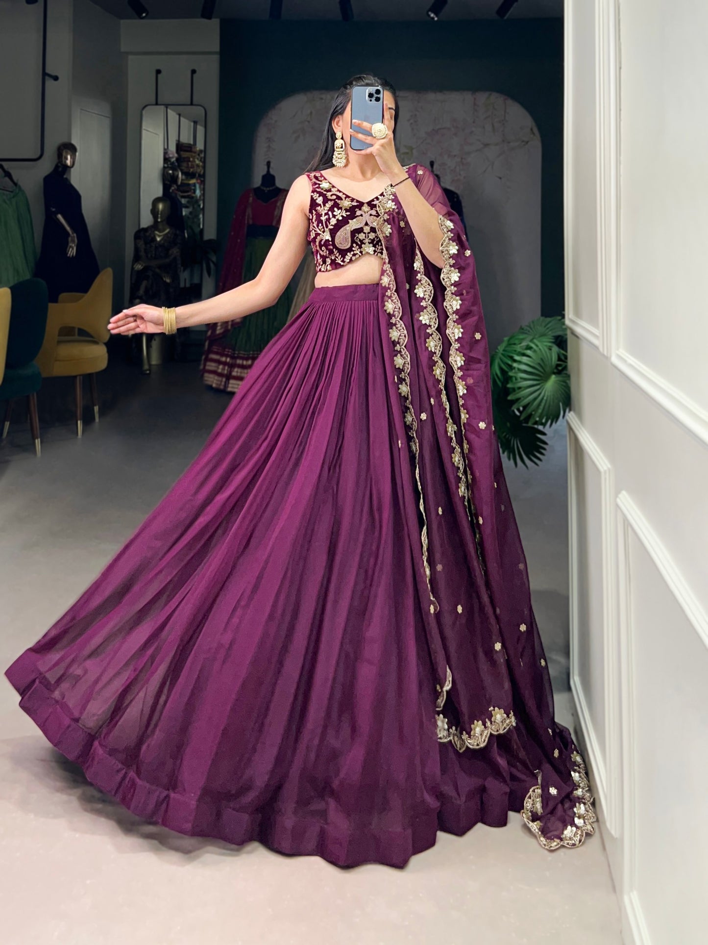 Elegant Purple Organza Lehenga with Embroidered Velvet Blouse and Dupatta