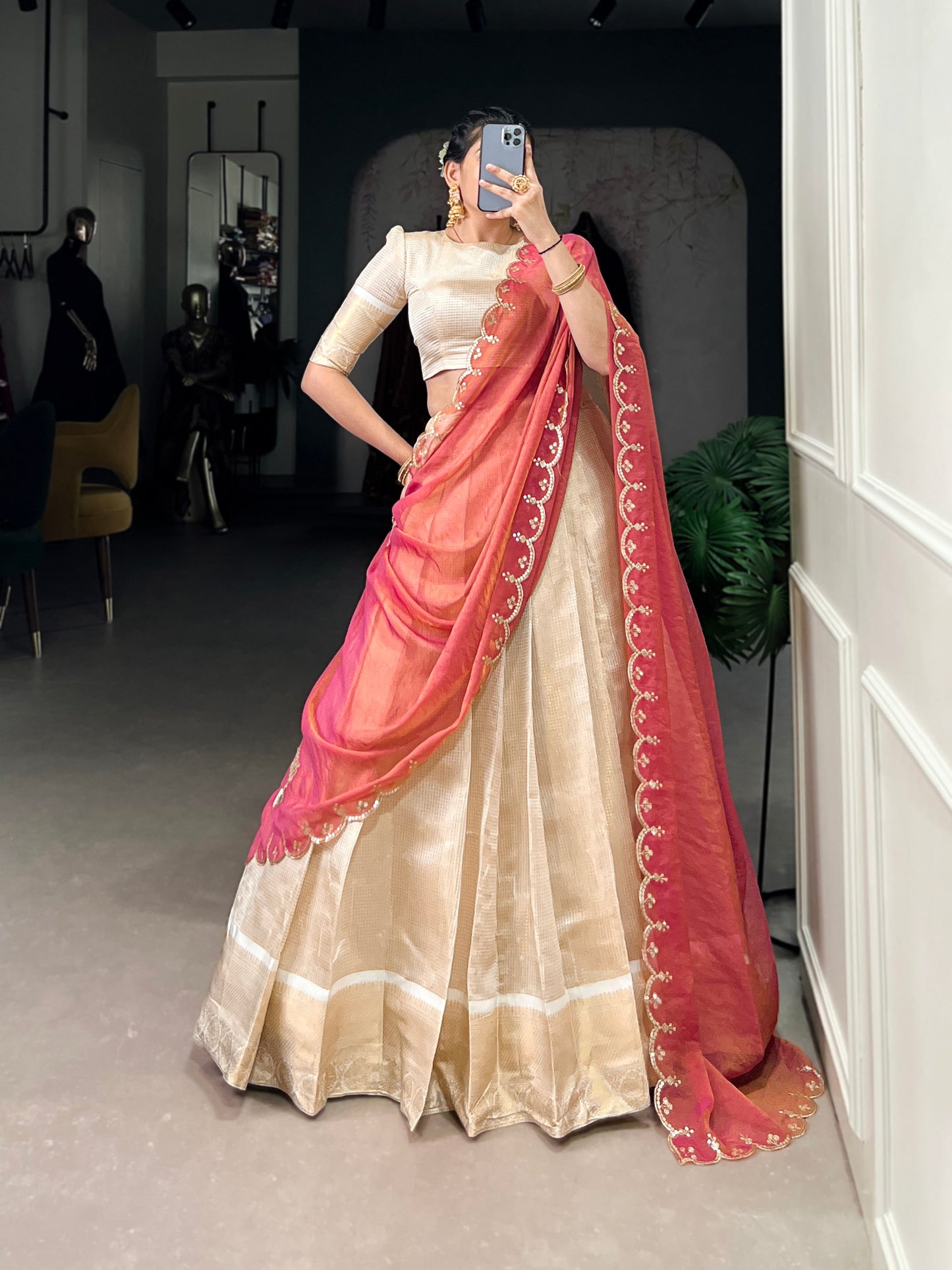 Jacquard Chex Lehenga Set with Zari Weaving Work and Zari Shimmer Dupatta
