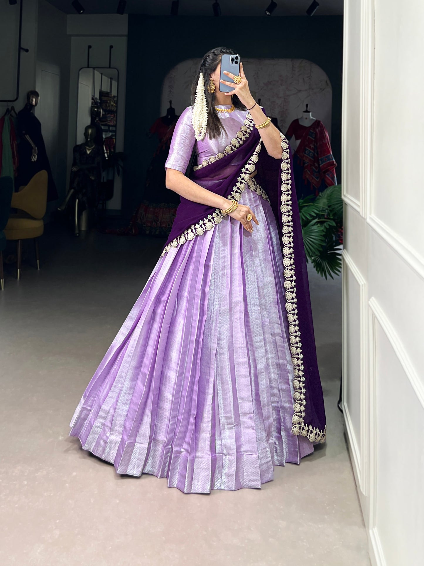 Lavender Jacquard Silk Lehenga Set with Weaving Work and Georgette Embroidered Dupatta