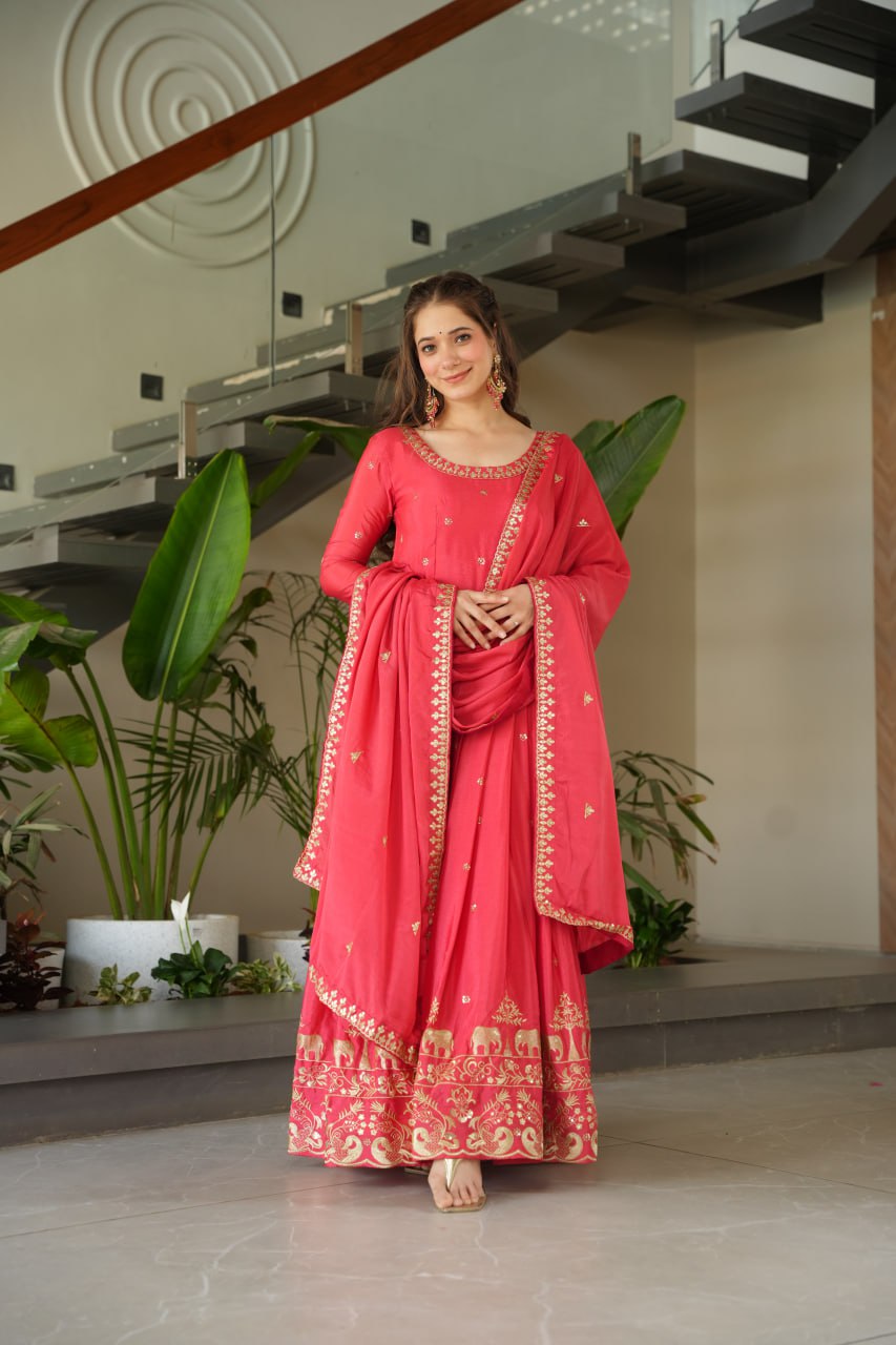 Pink Chinnon Embroidered Gown with Sequins Dupatta