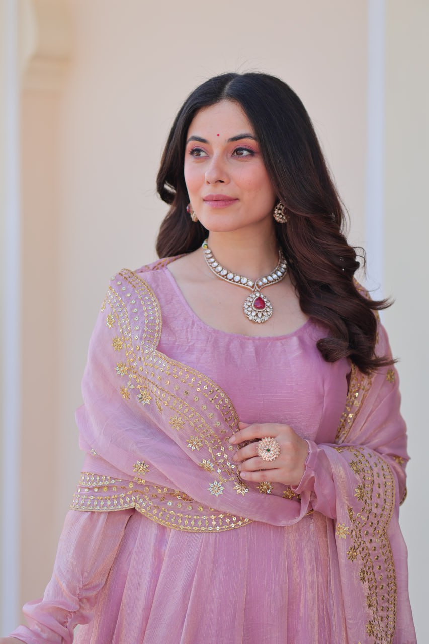 Lavender Fendy Chiffon 12-Kali Anarkali Gown with Embroidered Cut-Work Dupatta