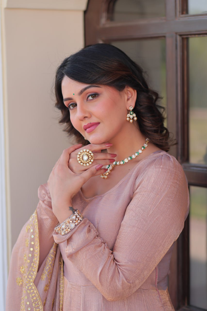 Peach Fendy Chiffon 12-Kali Anarkali Gown with Embroidered Cut-Work Dupatta
