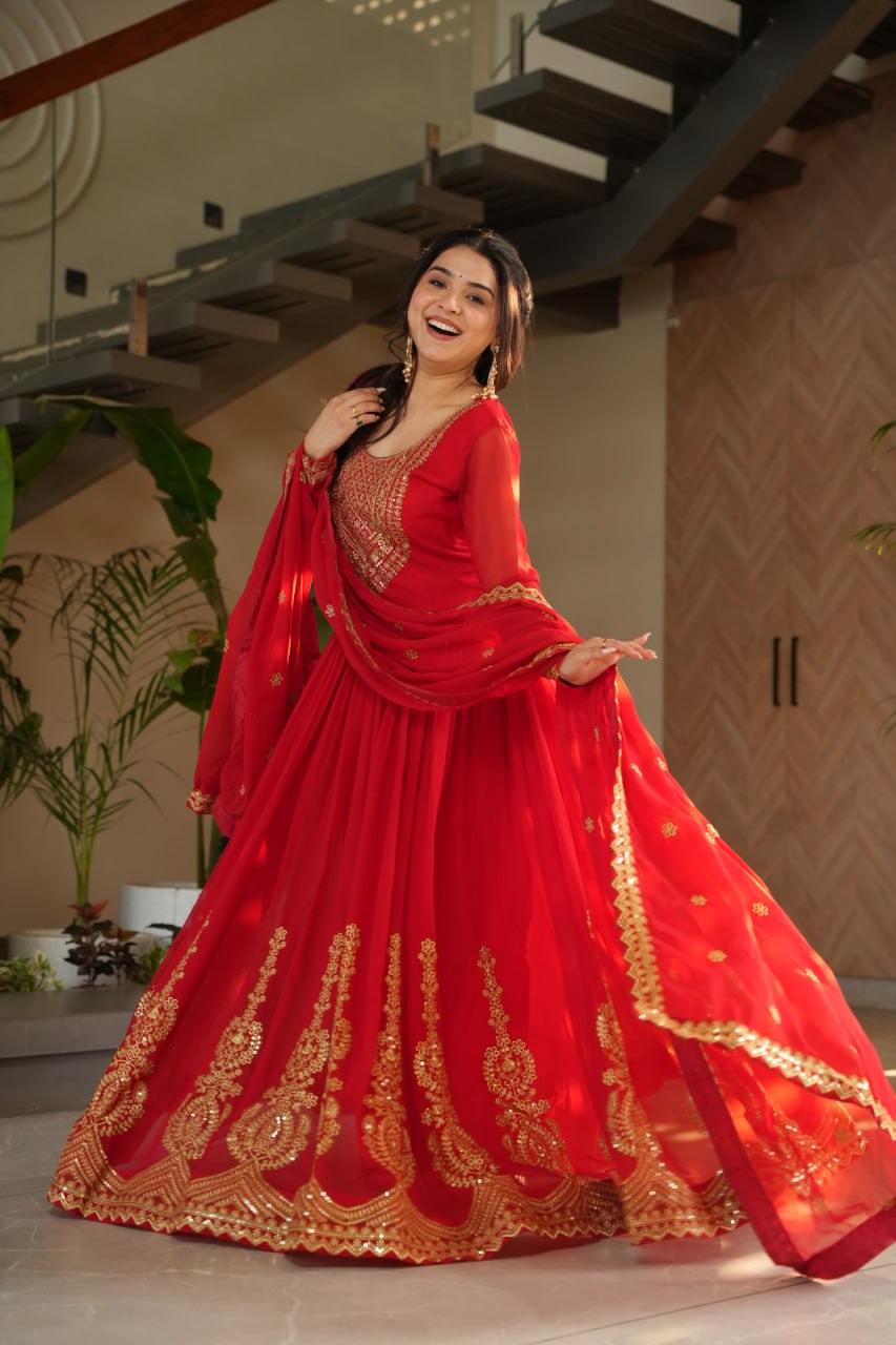 Red Fendy Chiffon 12-Kali Anarkali Gown with Embroidered Cut-Work Dupatta
