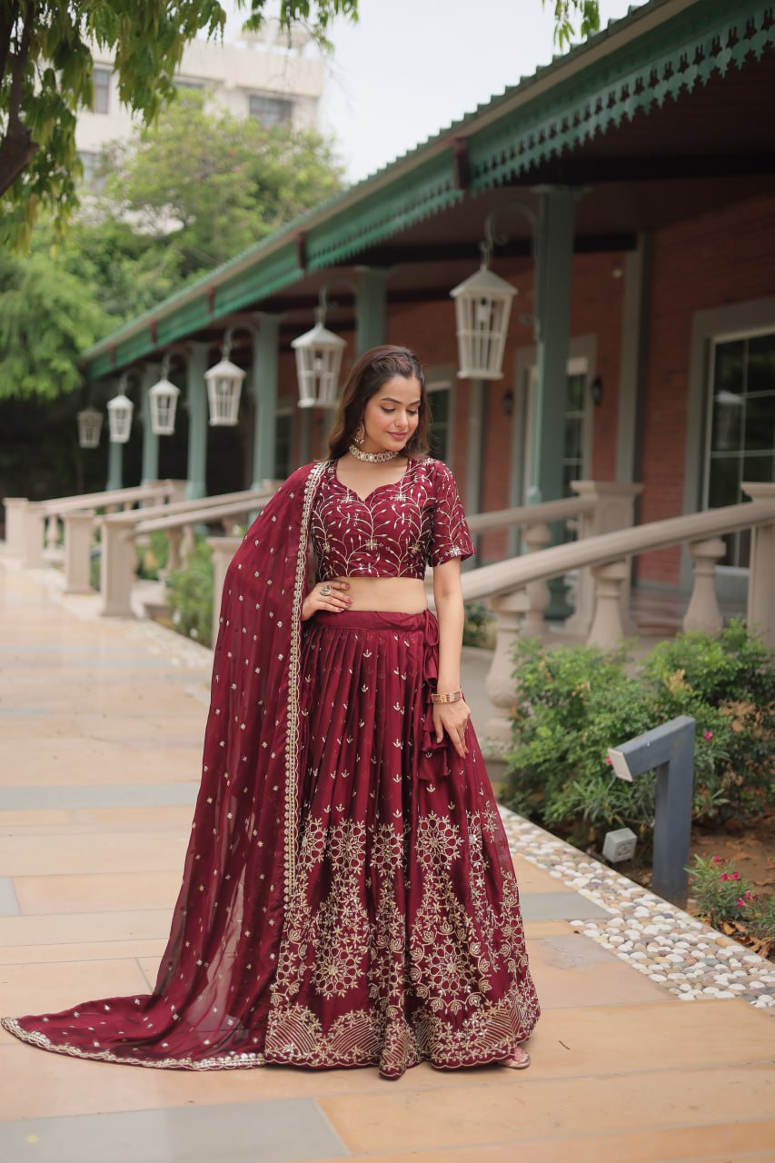 Incredible Maroon Embroidered Silk Wedding Lehenga Choli With Dupatta By Stylish Ethnic