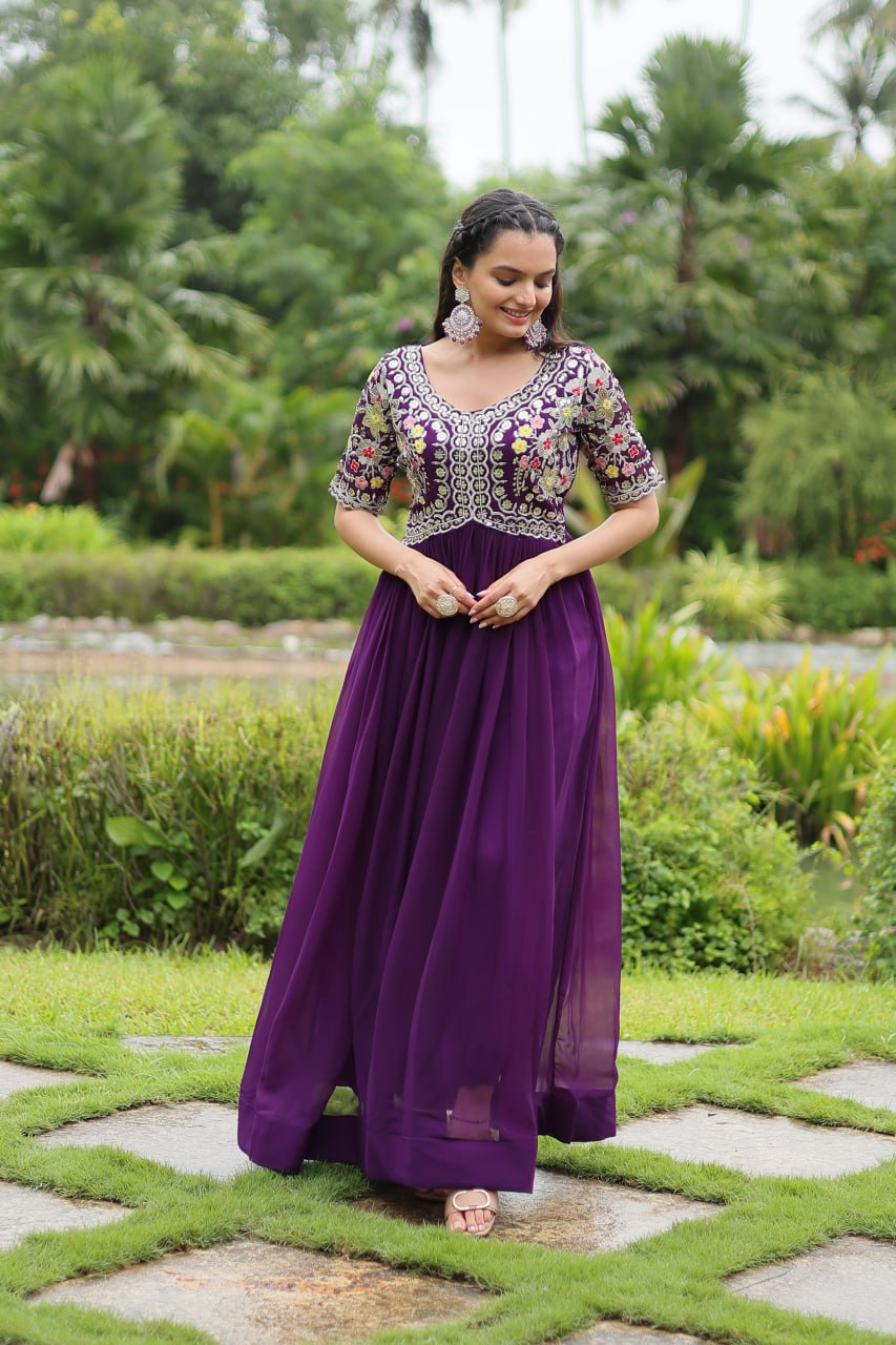 Purple Zari Sequin Embroidered Faux Blooming Gown By Stylish Ethnic