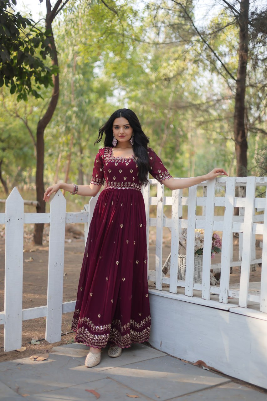 Luxury Zari Thread Sequins Embroidery Work Gown By Stylish Ethnic