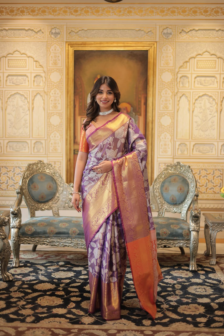 Exquisite Kanjivaram Silk Purple Saree with Zari Weaving Work By Stylish Ethnic