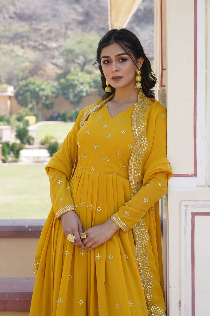Women Embroidered Thread Work Georgette Yellow Anarkali Kurta By Stylish Ethnic