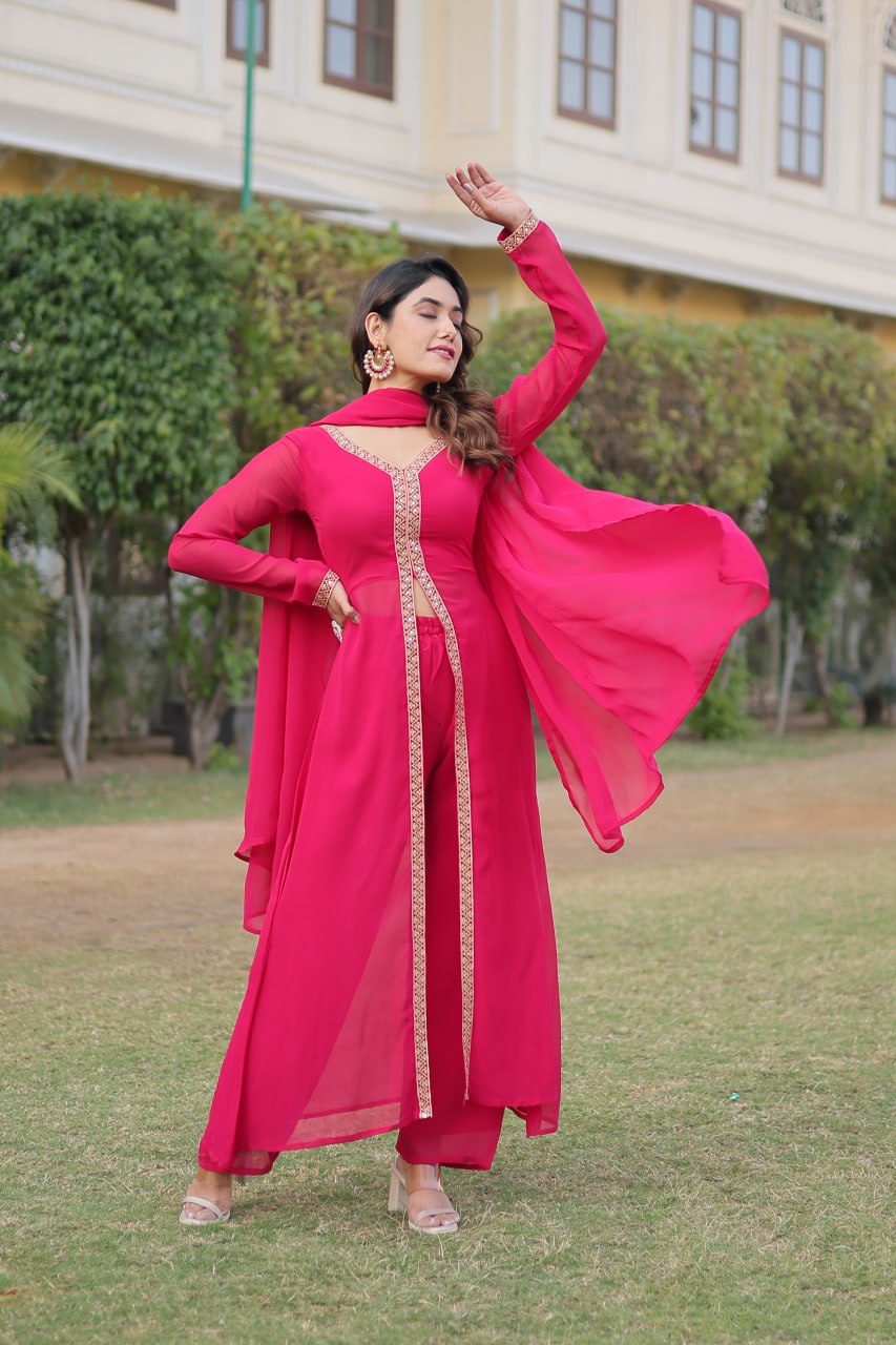 Pink Plain Georgette Kurta Pant With Dupatta By Stylish Ethnic