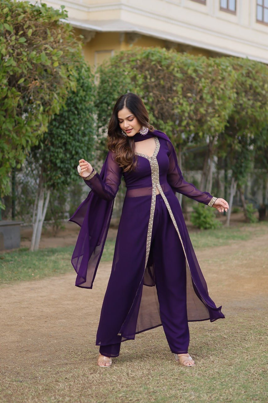 Purple Plain Georgette Kurta Pant With Dupatta By Stylish Ethnic