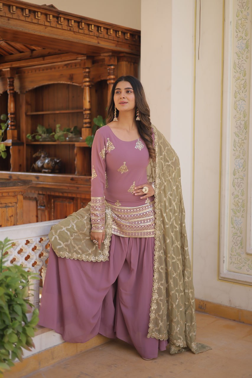 Cascade Lavender Stunning Faux Georgette Kurti-Palazzo-Dupatta Set with Sequin & Thread Embroidery