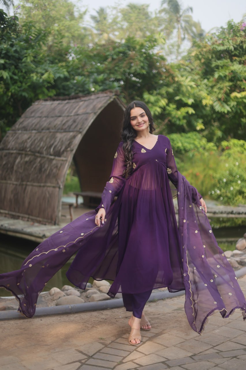 Wine Nayra Cut Anarkali Suit with Embroidery Work