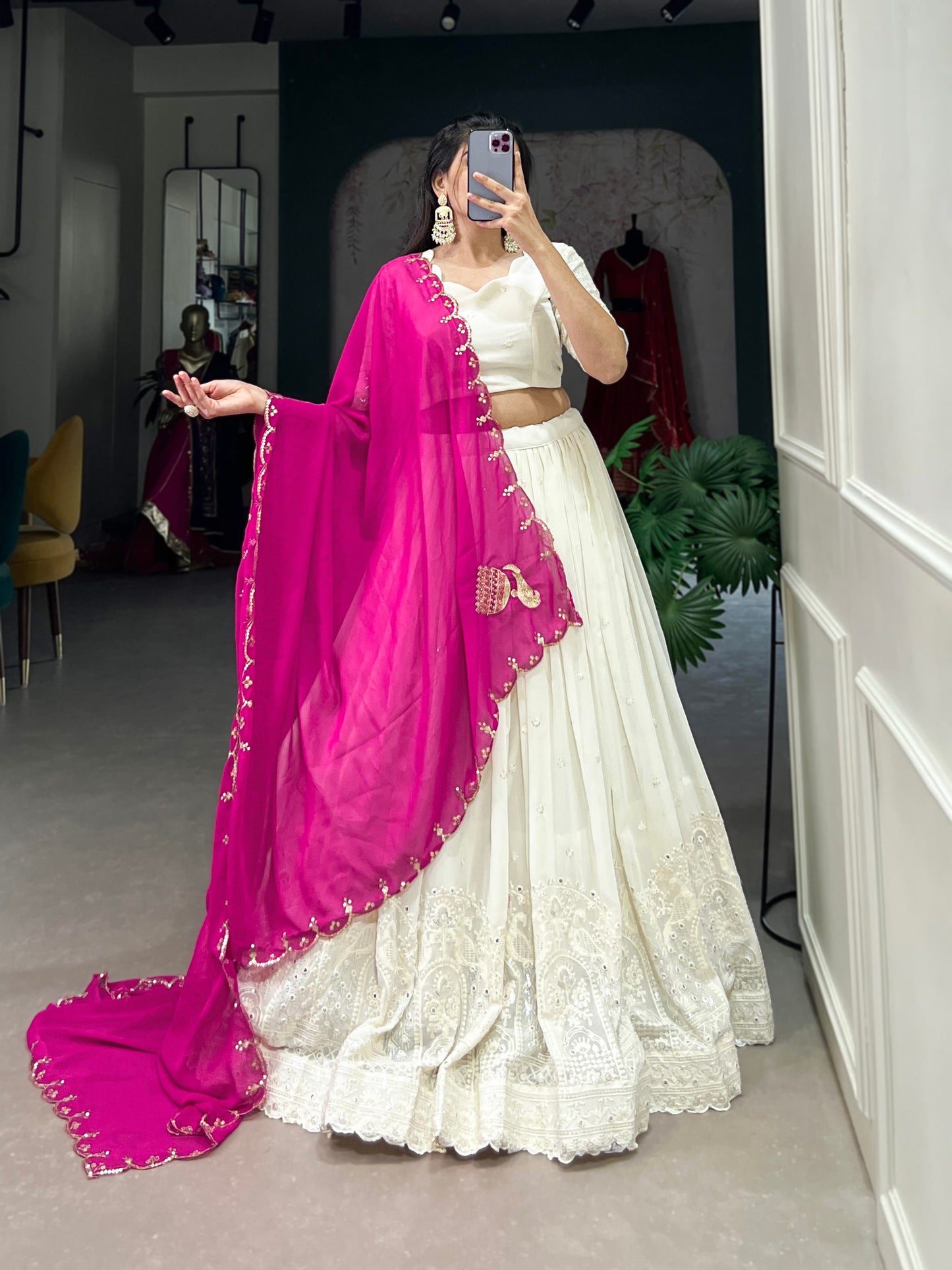 Georgette Lucknowi Paper Mirror Work Lehenga Choli With Pink Dupptta