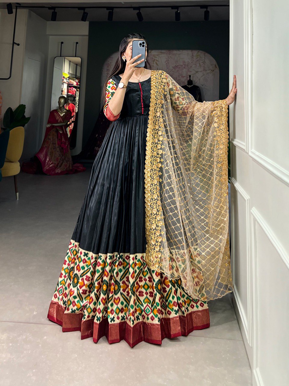 Aesthetic Black Color Dola Silk Print Foil Work With Dupatta Gown