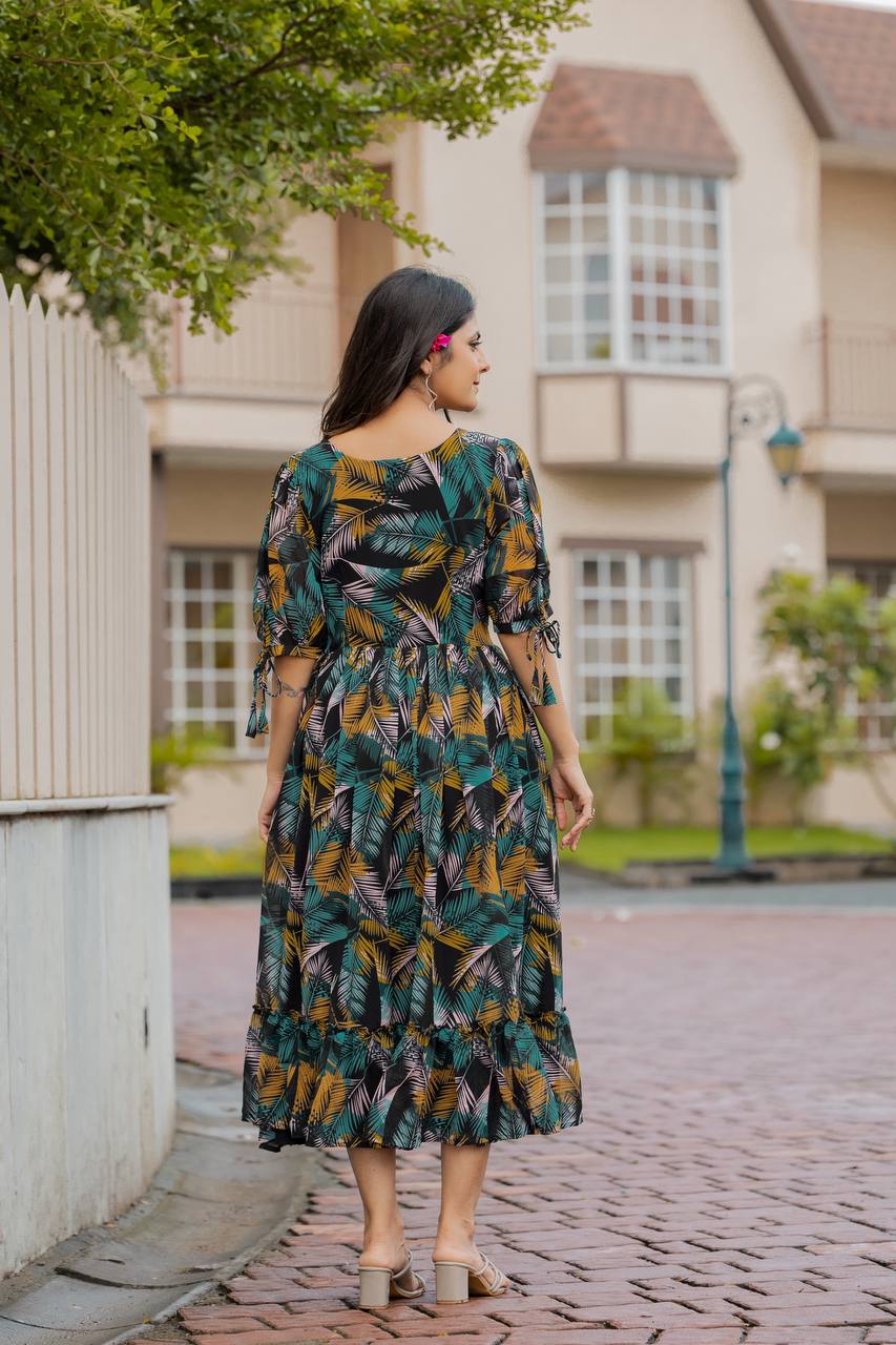 Multicolor Faux Georgette Geometric Print Maxi Dresses