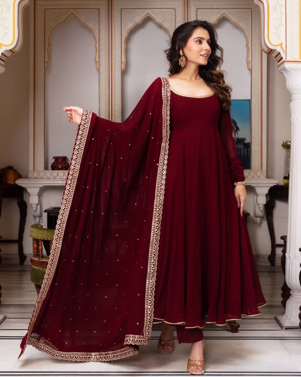 Maroon Color Georgette Base Embroidery Work Anarkali Suit