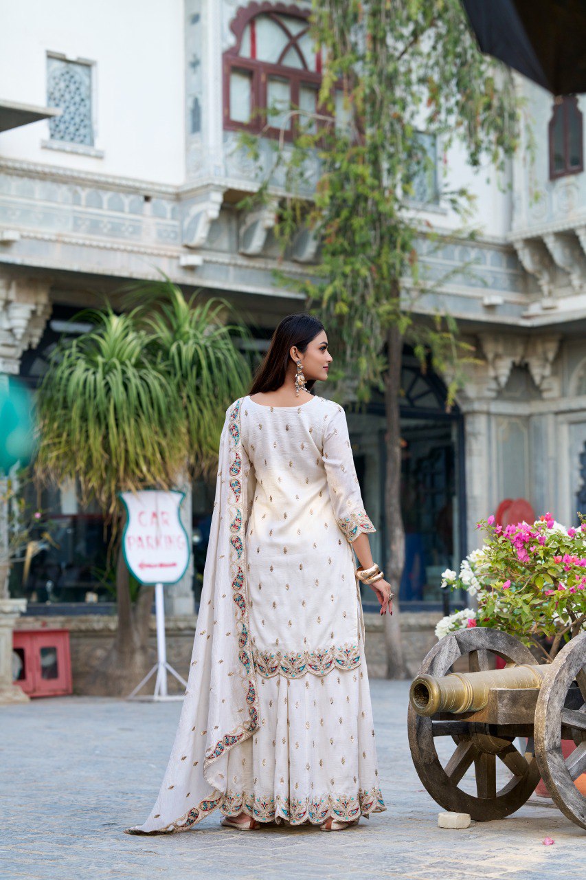 White Color Vichitra Silk Three Piece Kurti Suit