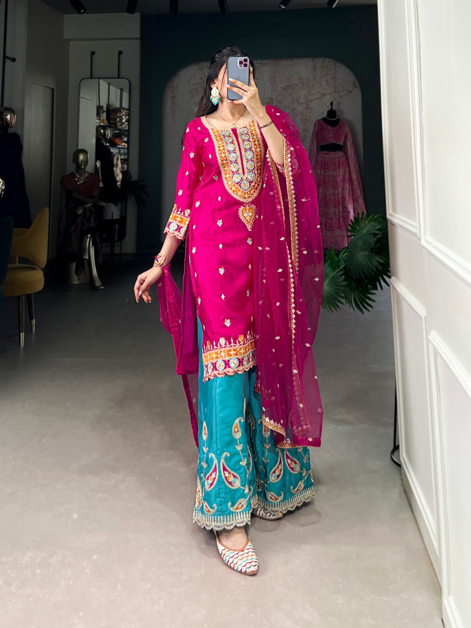 Sequins Thread Embroidered Silk Royal Style Sharara Set Of 3