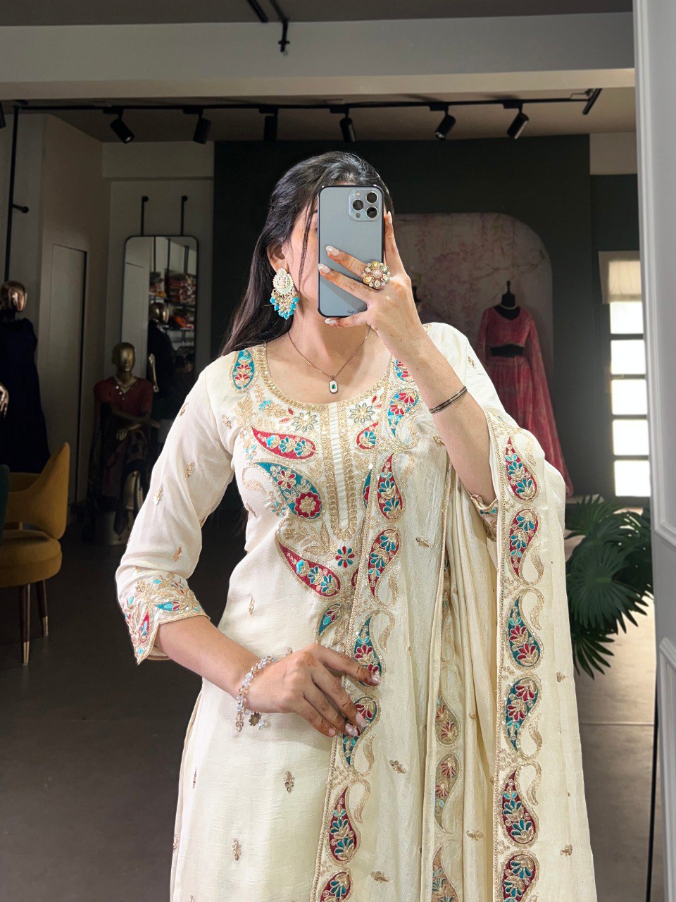 White Color Vichitra Silk Three Piece Kurti Suit