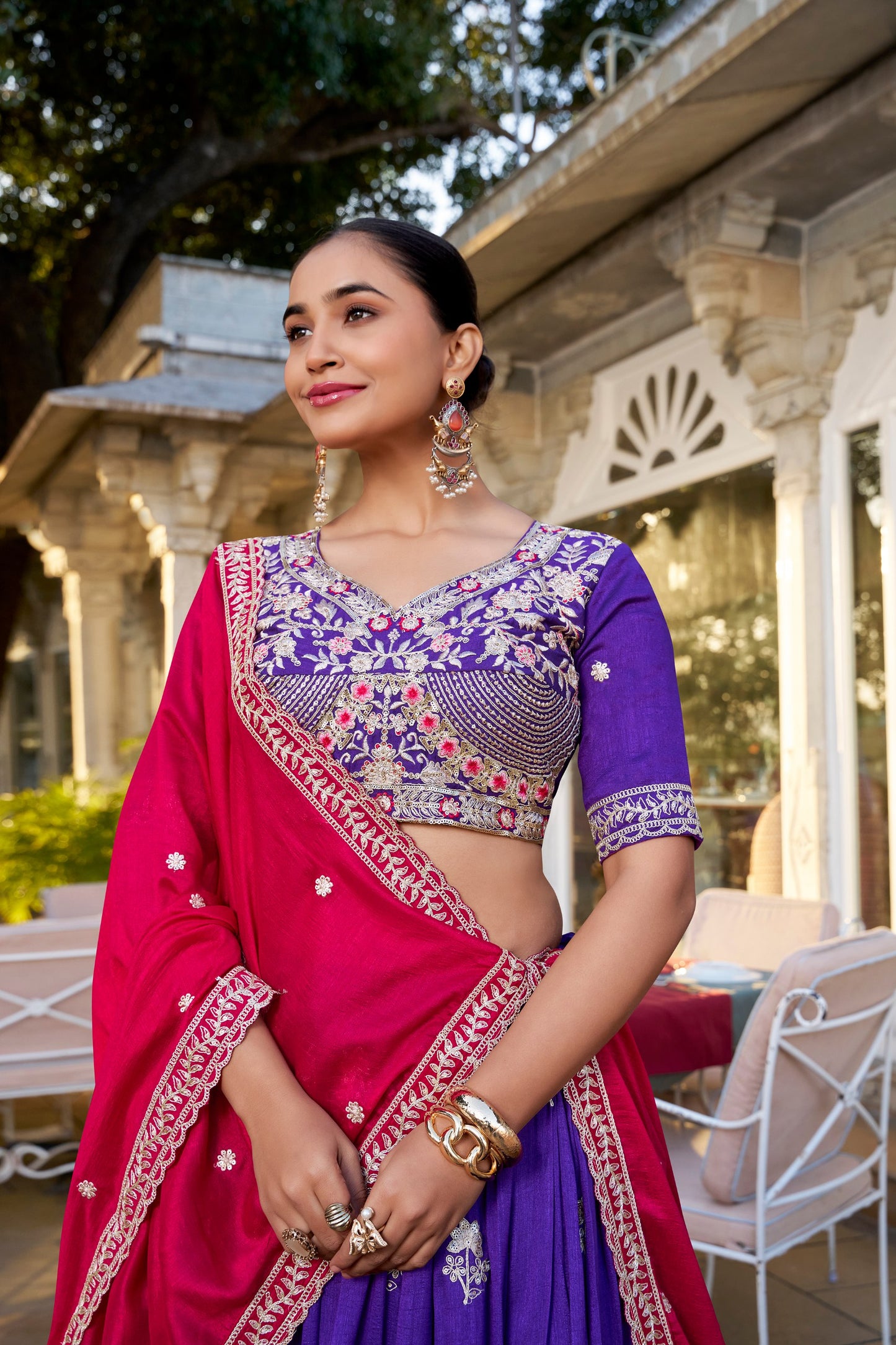 Wedding Lehenga Choli With Sequins and Thread Embroidery in Purple Vichitra Silk